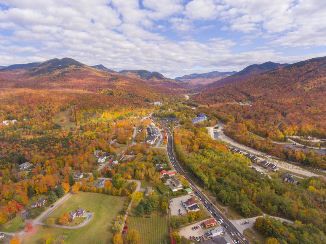Fall colors birds eye view Lincoln New Hampshire