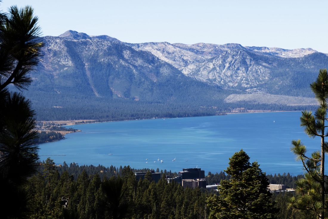 South Lake Tahoe State Line with snowy mountains in Nevada
