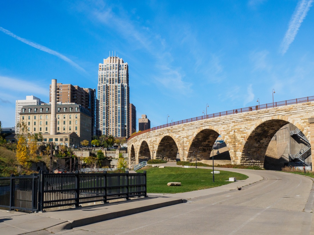 Blue skies over Stone Arch Bridge and Flour Mill Ruins Park