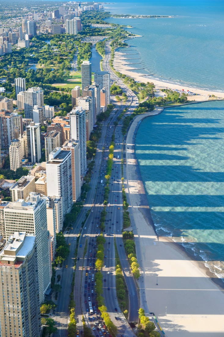 Views of Chicago buildings and lakefront from Illinois