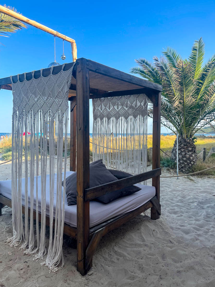 Bed on beach at Mechero Camp Ibiza