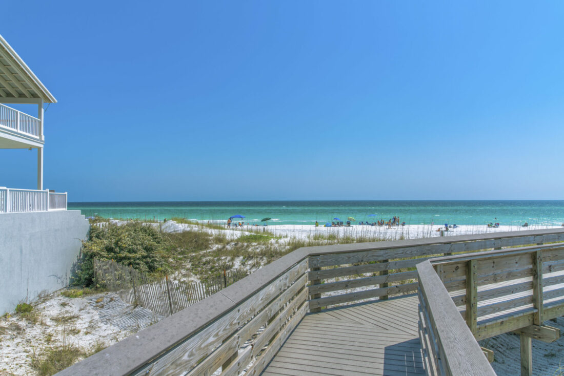 View of the beach from a boardwalk at Destin, Florida. 