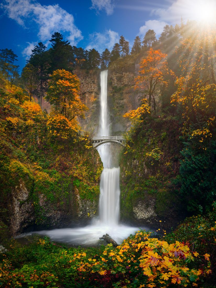 Scenic view of Multnomah Falls in Oregon with the fall colors around it