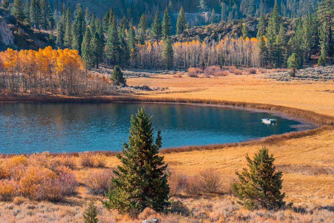 Fisherman floats on Gull Lake in the Autumn morning in the June Lake Loop of California. 