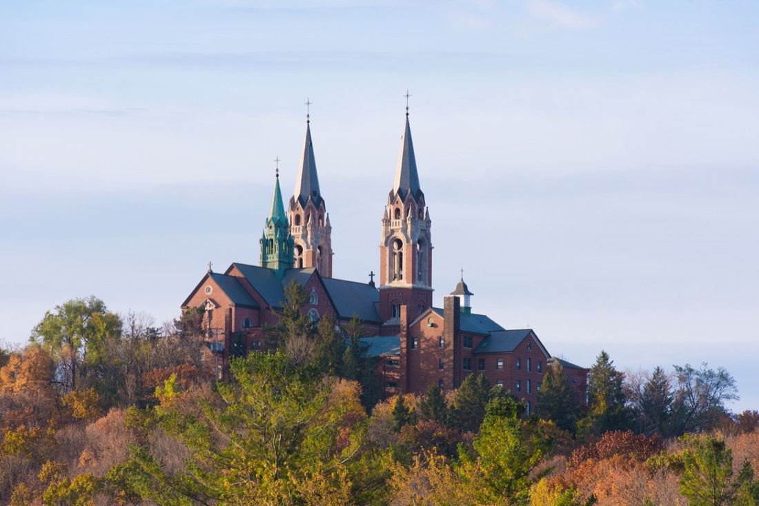 Holly Hill Basilica sits on top of tree lined cliffs in Wisconsin