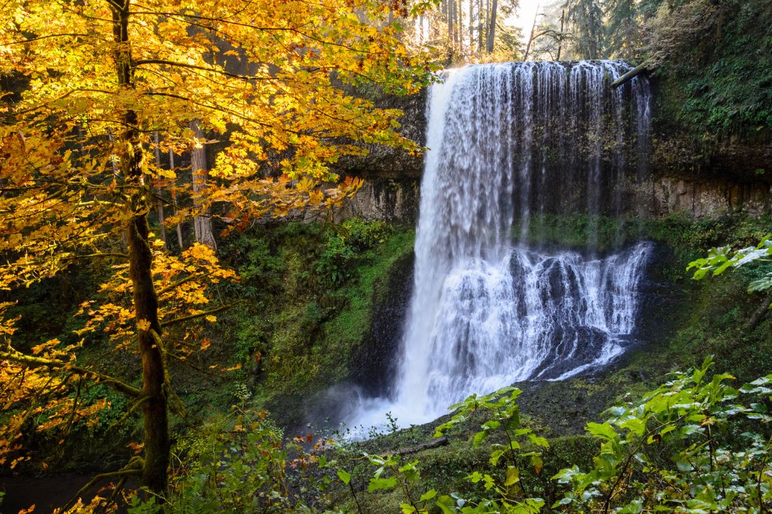 Views of the waterfalls in Silver Falls State Park in Oregon in fall