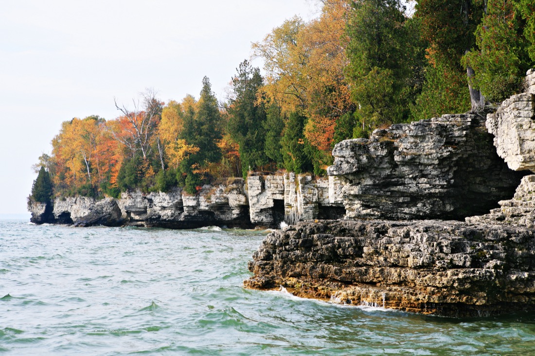 Fall color trees on top of limestone cliffs at Wisconsin Cave Point Park