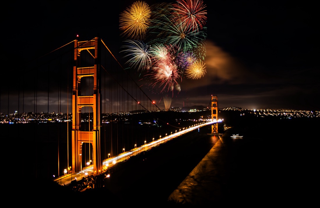 Firework show in the background of the Golden Gate Bridge