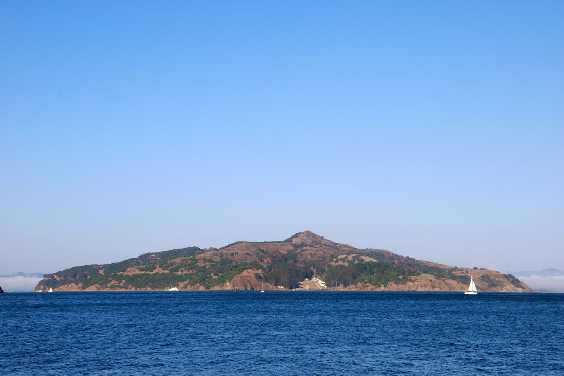 View of Angel Island State Park in San Francisco from the waters. 