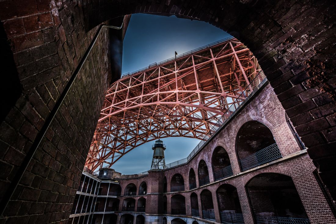 View of the Golden Gate Bridge from below at Fort Point National Historic Site.