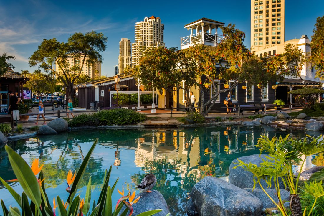 Ponds and buildings at Seaport Village in San Diego.