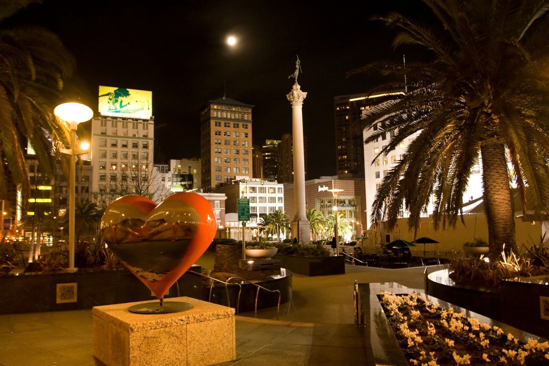 Union Square in the evening with giant heart sculpture in San Francisco, California.