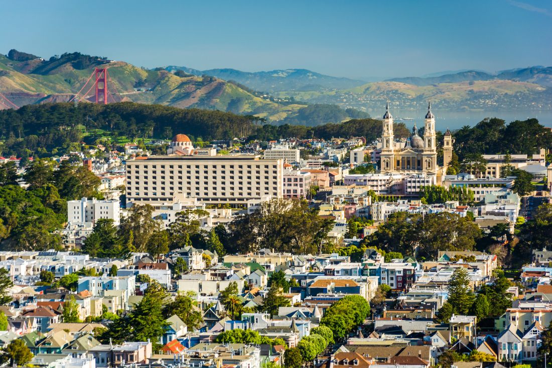 Views of buildings and houses from Tank Hill Park in San Francisco, Ca.