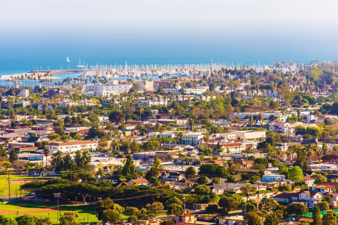 Aerial view of buildings and houses in Santa Barbara, California.