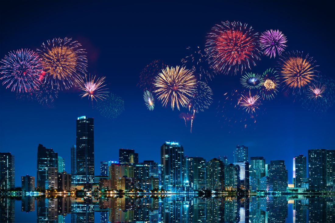 Fireworks display at night in Miami, Florida.