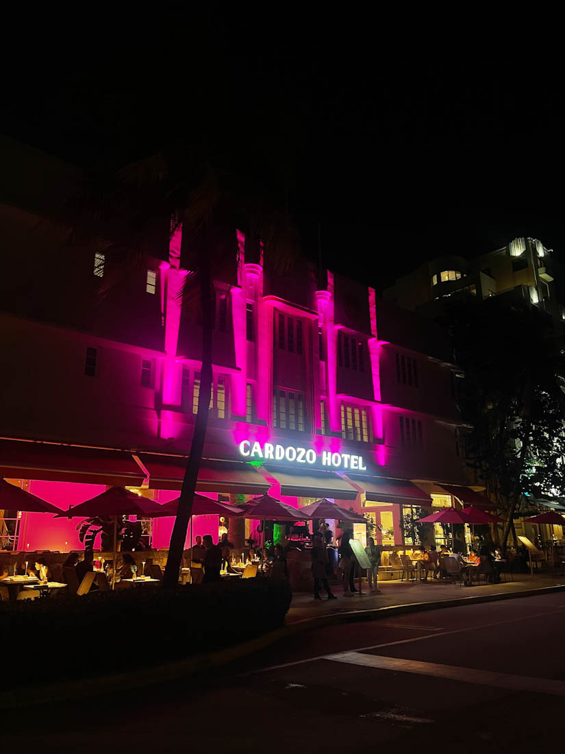 Cardozo Hotel lit up at night on Ocean Drive South Beach Miami