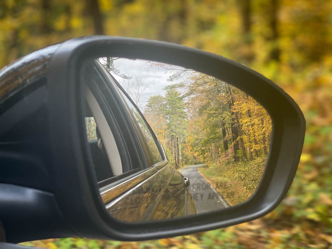 Fall road trip in car window near Fawn Lake, near Sheffield, Berkshire County, Massachusetts