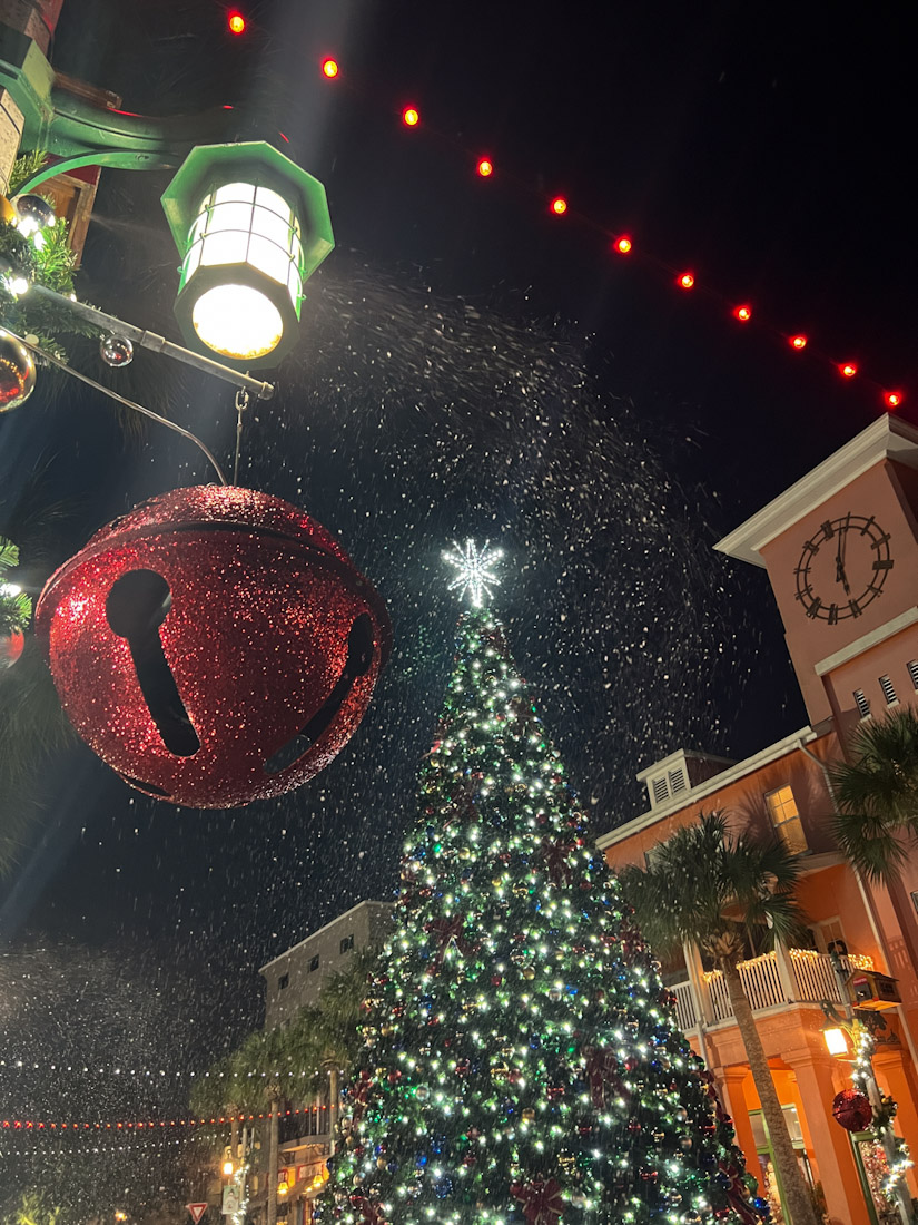 Now Snowing Market Street Christmas night Celebration Florida