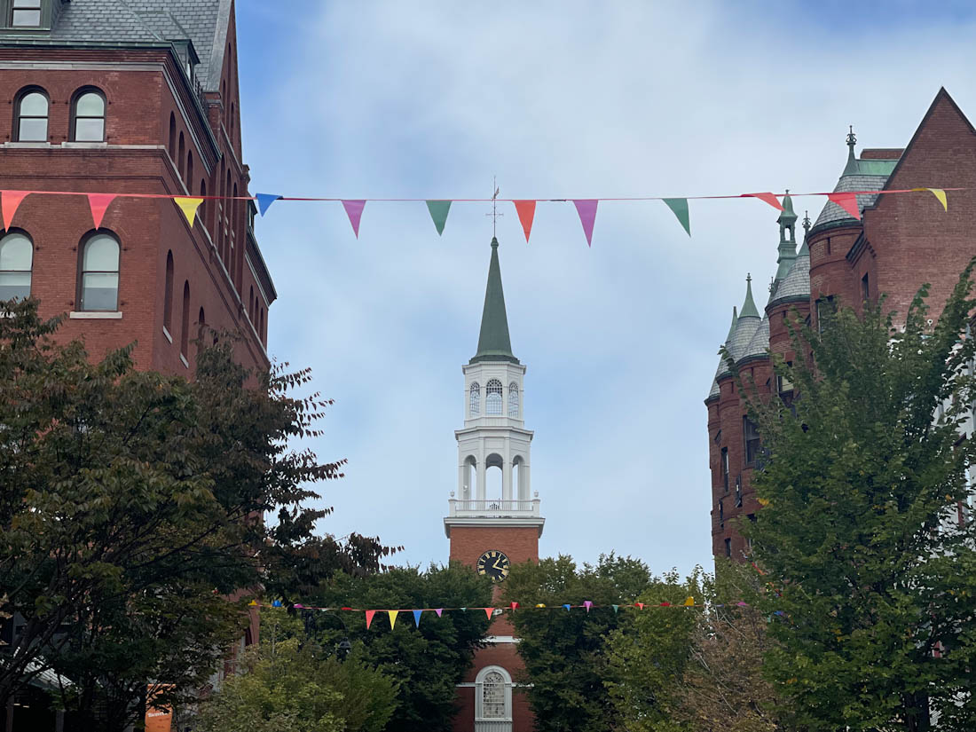 Unitarian Church with bunting at Burlington in Vermont