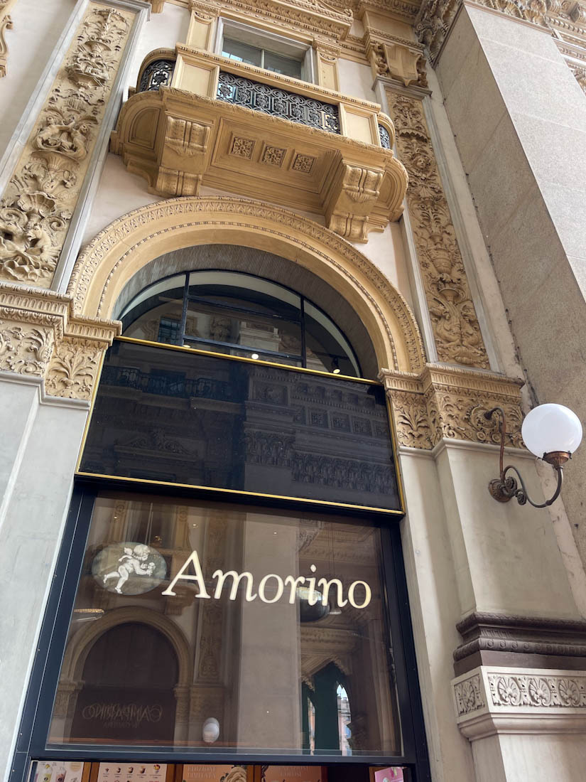 Amorino gelato window Galleria Vittorio Emanuel II arch Milan Italy