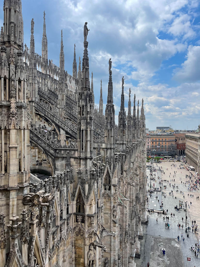 Duomo rooftop spires Milan Italy