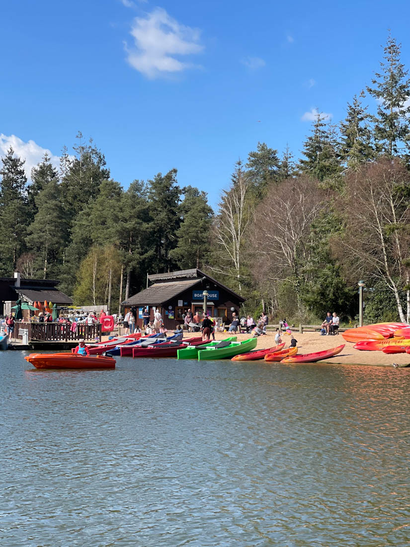 Kayaks canoes lined up at Center Parcs Whinfell England