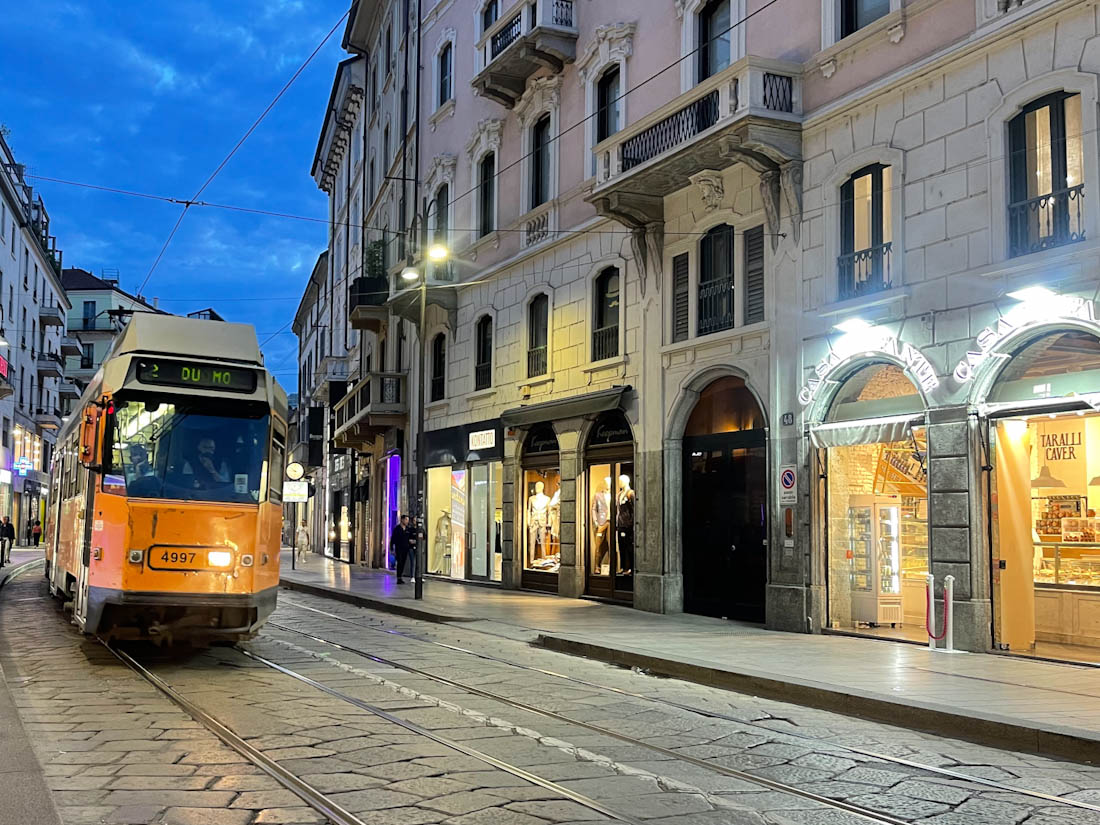 Tram at night Milan Italy