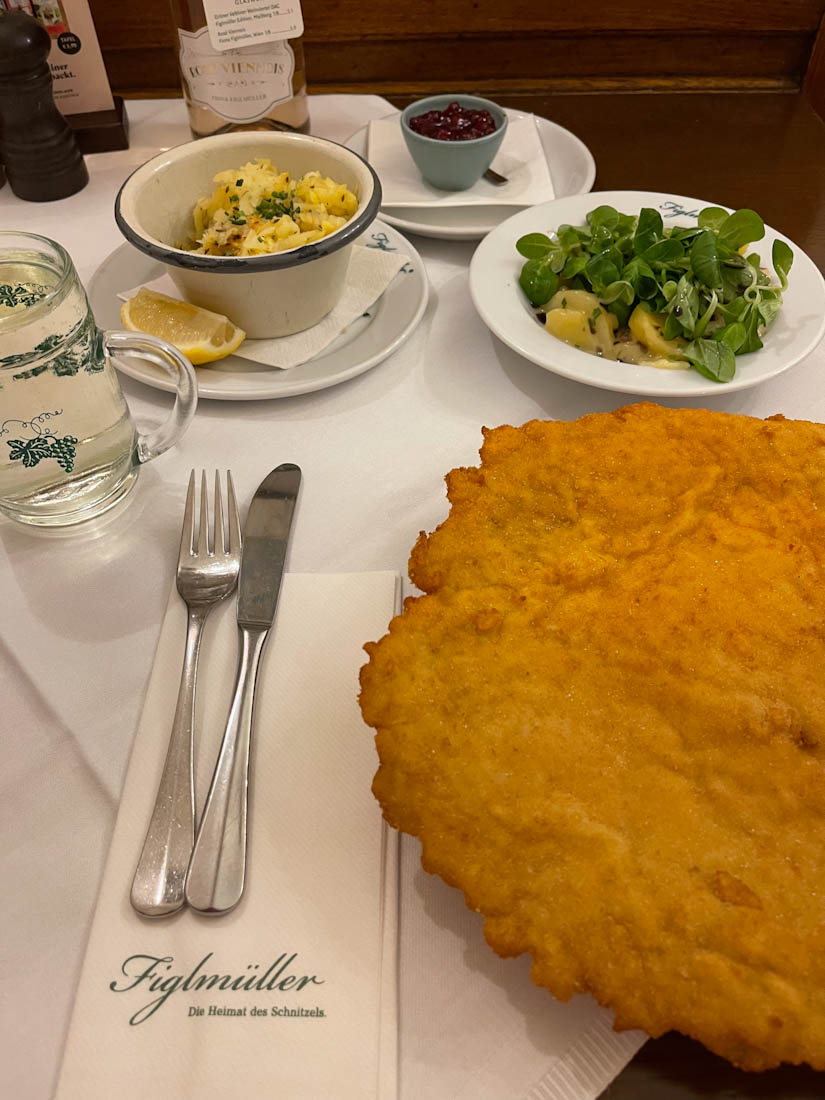 Figlmüller at Wollzeile schnitzel on plate in Vienna Austria