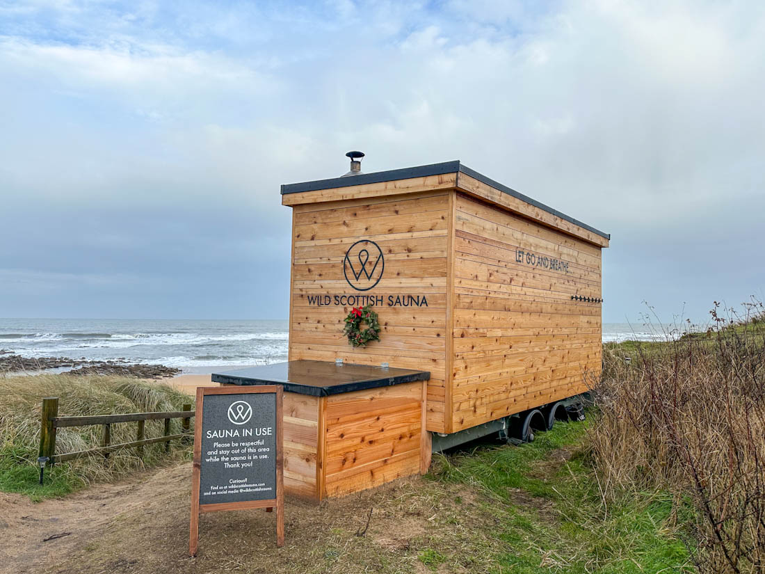 Wild Scottish Sauna box at Kingsbarns Beach in Fife