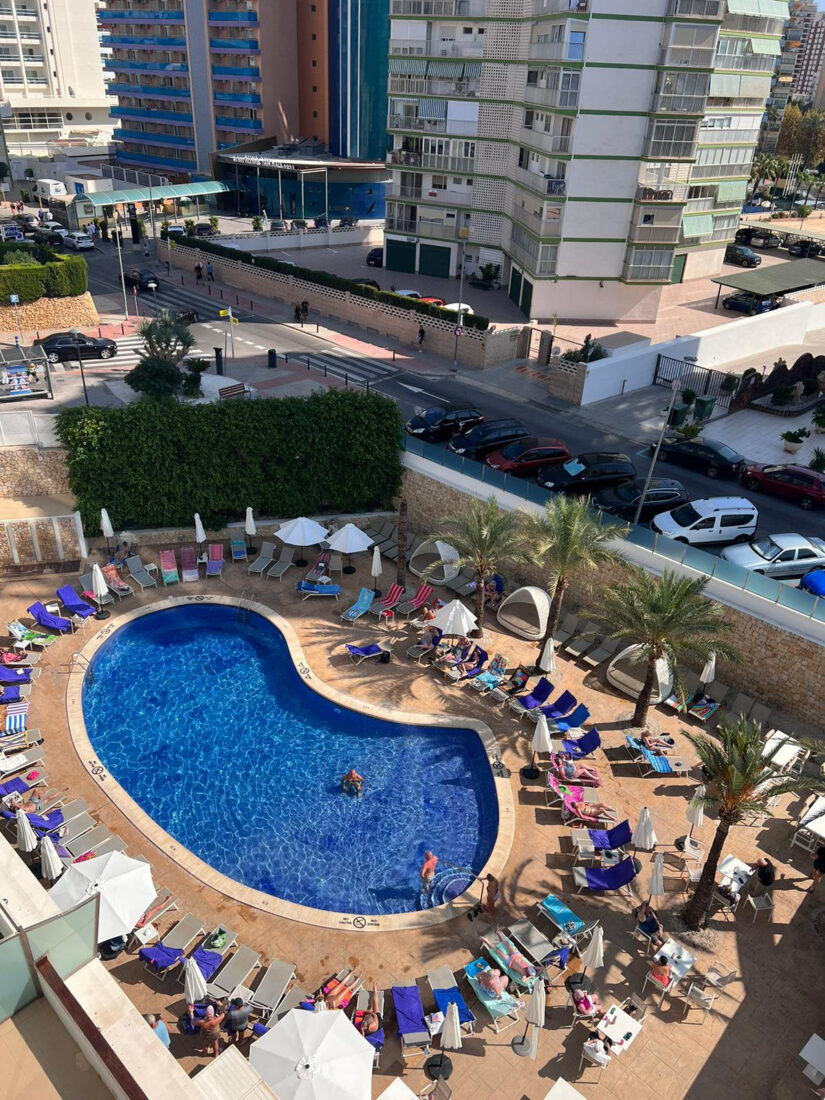Aqua Azul Hotel and Pool from above in Benidorm Spain